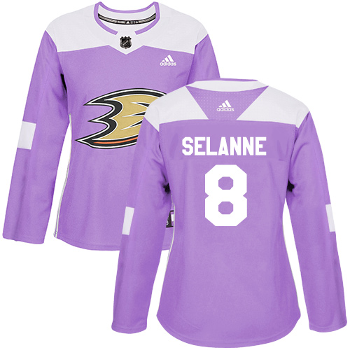 Adidas Ducks #8 Teemu Selanne Purple Authentic Fights Cancer Women's Stitched NHL Jersey - Click Image to Close